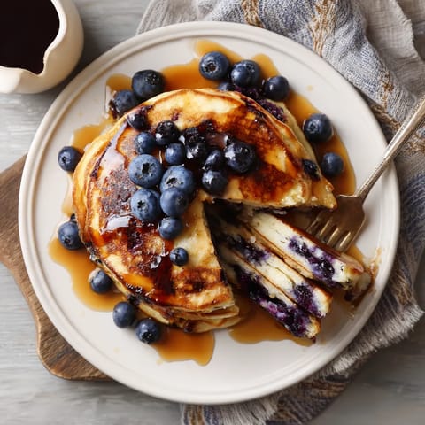 A plate of pancakes with blueberries and syrup.