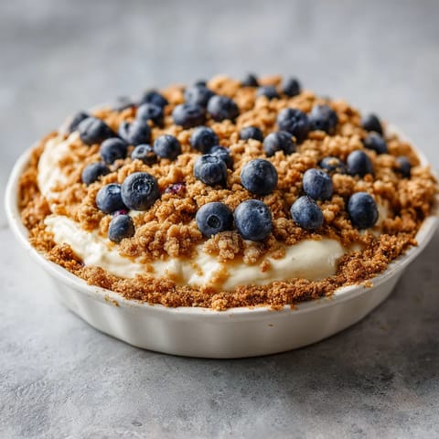 A bowl of food with blueberries and crumbs.