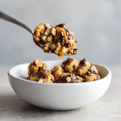 A spoon is scooping up a bowl of chocolate chip cookies.