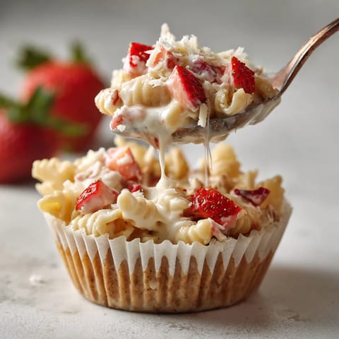 A spoonful of macaroni and cheese with strawberries on top.