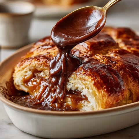 A spoon is in a bowl of chocolate sauce.