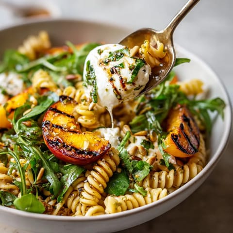 A bowl of pasta with a spoon in it.