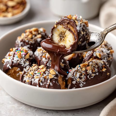 A bowl of chocolate covered bananas.