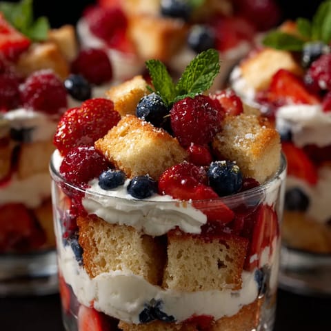 A glass of strawberries and blueberries.