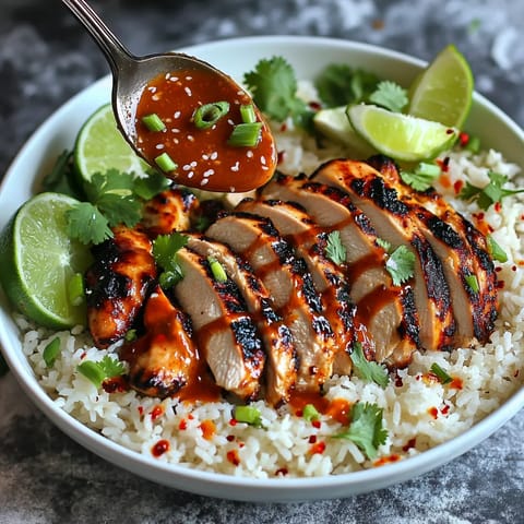 A bowl of rice with chicken and lime.