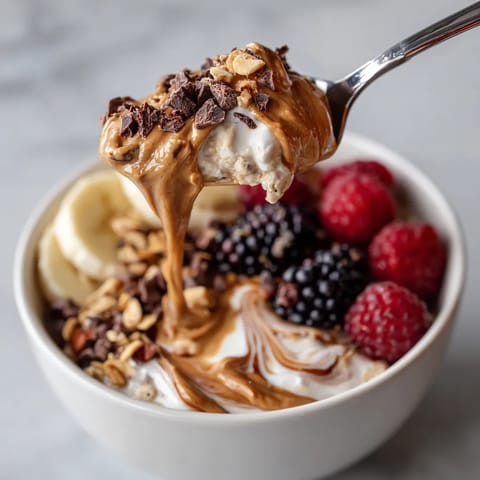 A bowl of fruit with a spoon in it.