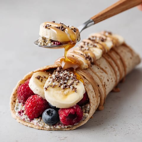 A banana and strawberry crepe with honey drizzled on top.