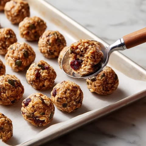 A spoon is scooping up a granola ball.