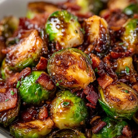 A close up of a plate of food with bacon and brussel sprouts.
