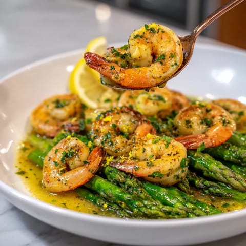 A plate of shrimp and asparagus.