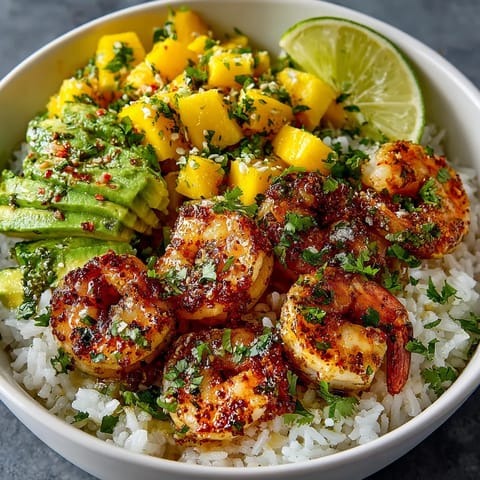 A bowl of shrimp, rice, and fruit.
