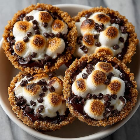Four mini s'mores pies on a plate.