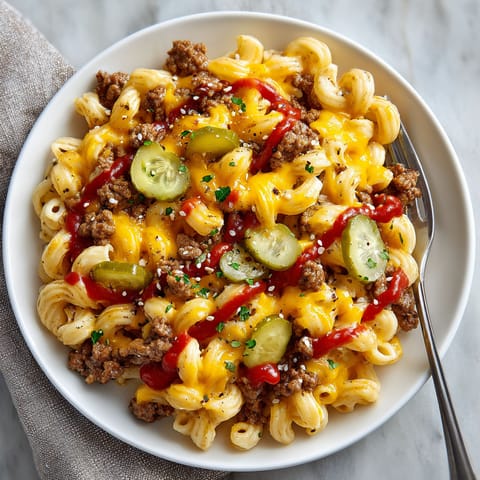A plate of macaroni and cheese with meat and vegetables.