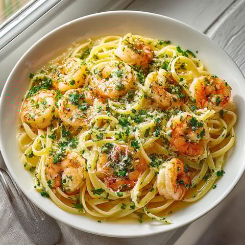 A bowl of pasta with shrimp and herbs.