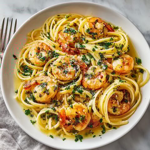 A bowl of shrimp and pasta.