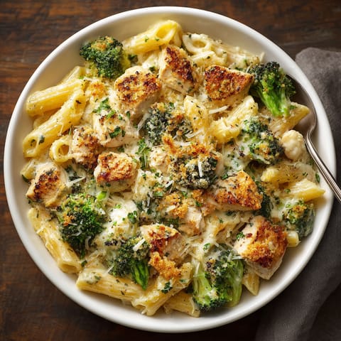 A bowl of pasta with chicken and broccoli.