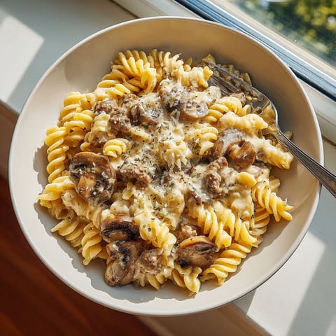 A plate of pasta with mushrooms and beef.