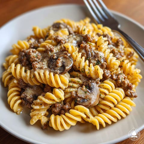 A plate of pasta with mushrooms and beef.