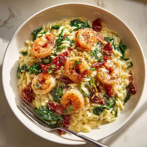 A bowl of pasta with shrimp and sundried tomatoes.