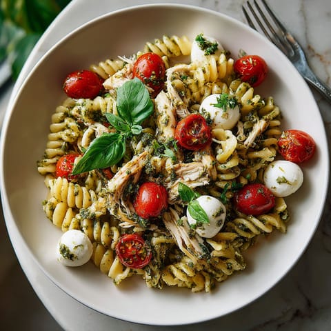 A plate of pasta with chicken and pesto.