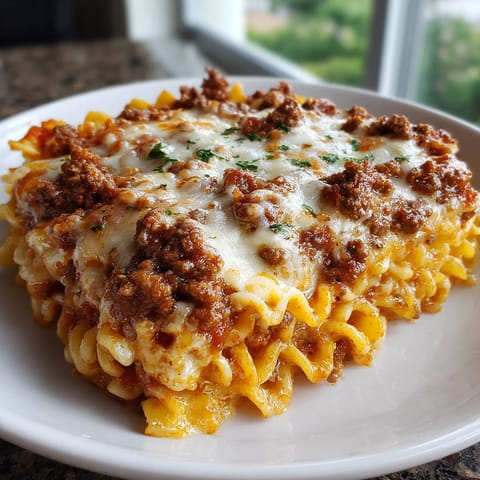 A plate of lasagna with meat and cheese.