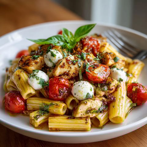 A plate of pasta with chicken and tomatoes.