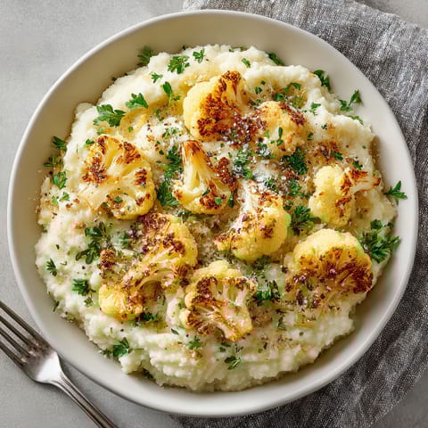 A bowl of food with cauliflower and cheese.