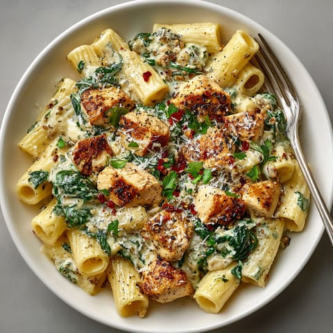 A bowl of creamy garlic chicken pasta.