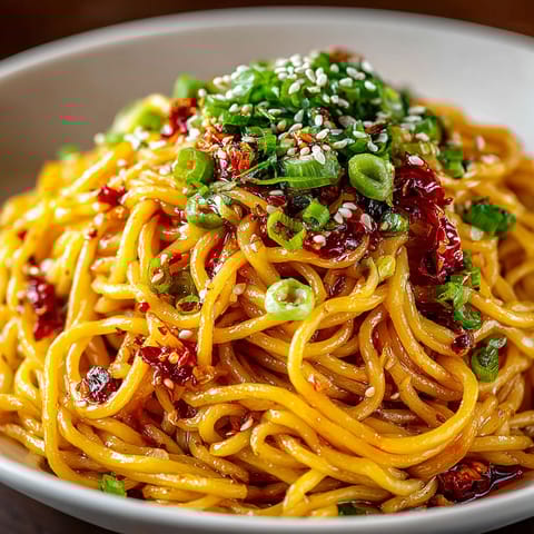 A bowl of noodles with vegetables on top.