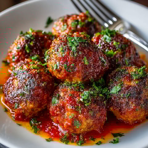 A plate of meatballs with sauce.
