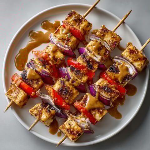 A plate of Thai Peanut Chicken Skewers (Air Fryer) with sauce drizzled over them.