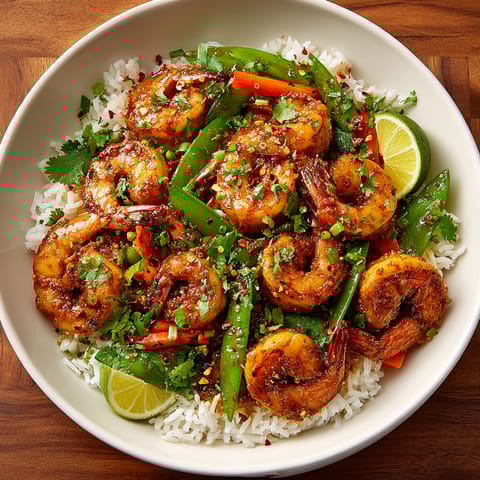 A bowl of shrimp and vegetables.