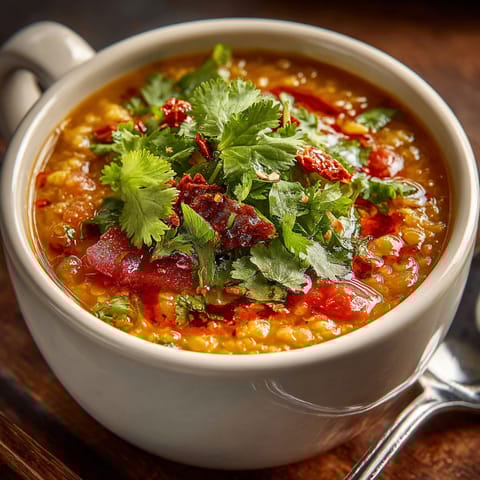 A bowl of soup with a spoon in it.