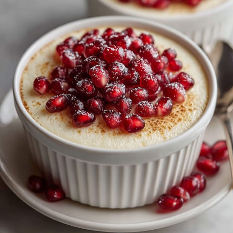 A bowl of panna cotta with pomegranate toppings.