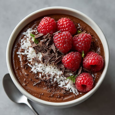 A bowl of chocolate mousse with raspberries on top.