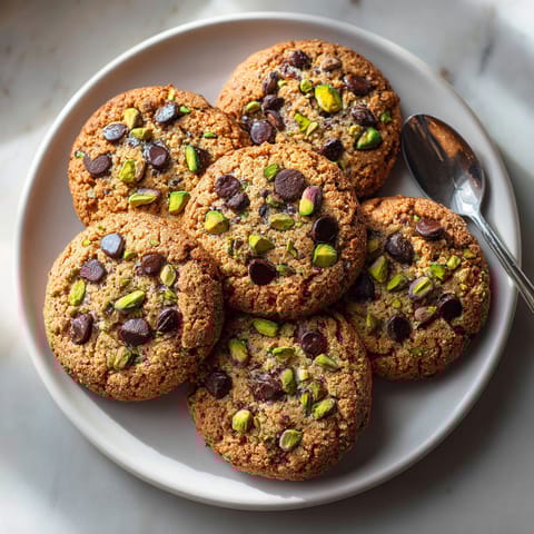 A plate of chocolate chip cookies with pistachios.