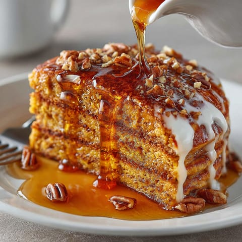 A plate of pumpkin pancakes with syrup drizzled on top.