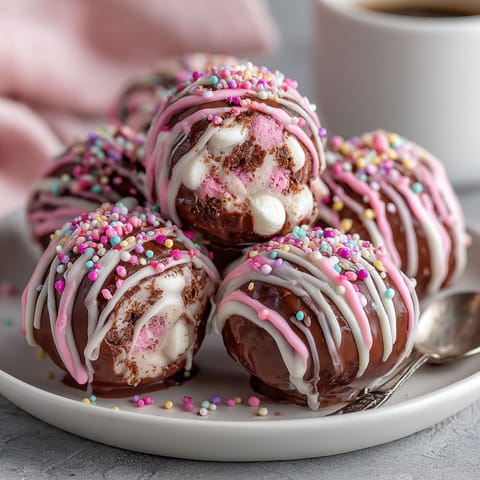 A plate of chocolate covered cherry coded hot chocolate bombs.