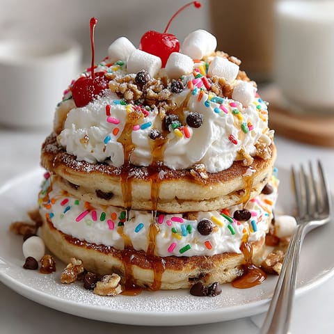 A stack of pancakes with chocolate chips and marshmallows on top.