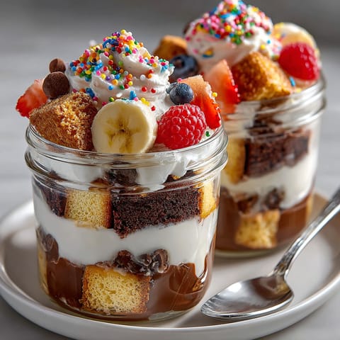 A dessert with chocolate, bananas, strawberries, and blueberries.