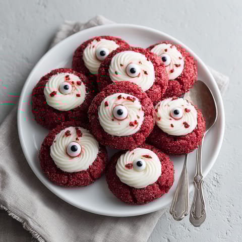 A plate of red velvet cake mix eyeball cookies.