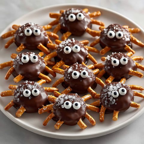A plate of chocolate covered pretzels with eyes.
