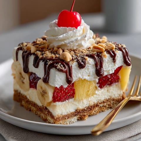 Creamy Banana Split Icebox Pudding Bars layered with fresh fruit and crunchy graham cracker crust
