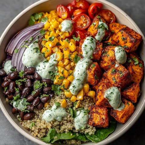 Hearty Sweet Potato Black Bean Power Bowls drizzled with creamy avocado crema served fresh.