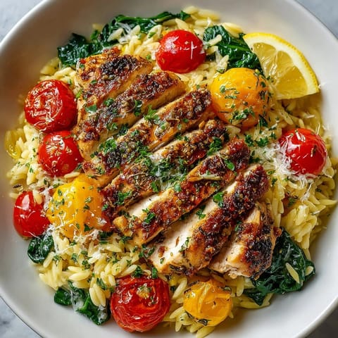 Juicy Lemon Herb Chicken Orzo Skillet topped with fresh parsley and lemon wedges for serving