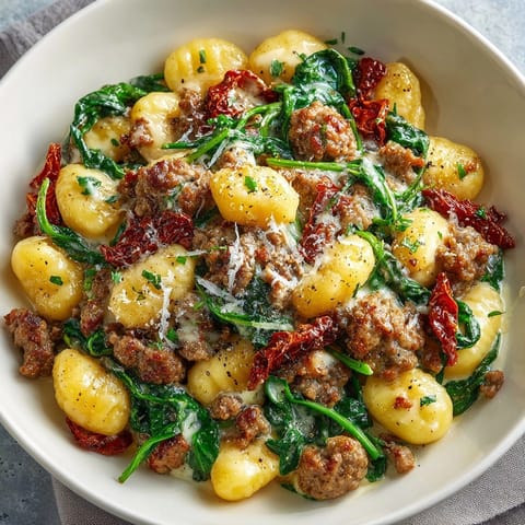 Hearty skillet Tuscan sausage gnocchi bubbling with sun-dried tomatoes and melted cheese, ready to serve