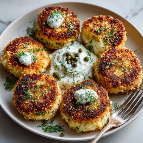 Golden brown crispy cod cakes stacked beside lemon-dill tartar, ready for a flavorful dinner.