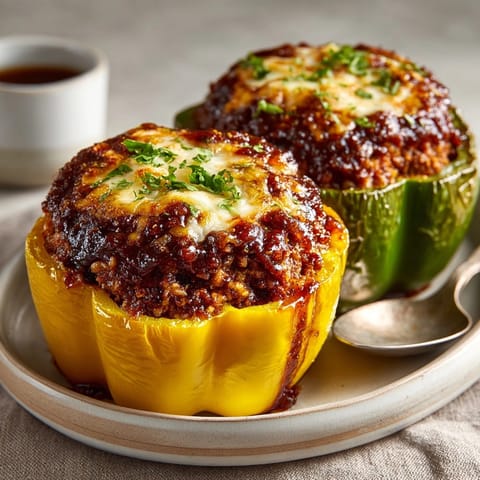 Close-up of juicy, smoky BBQ Meatloaf Stuffed Peppers with sweet barbecue glaze ready to serve.