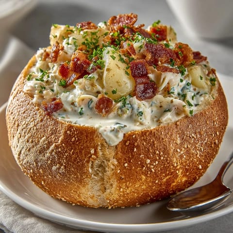 Warm, hearty clam chowder sourdough bread bowls on a rustic table, ready to serve.