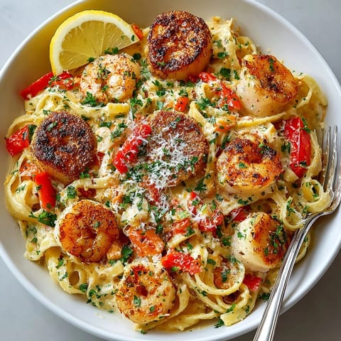 Closeup of Creamy Cajun Seafood Pasta sprinkled with fresh parsley and served with lemon wedges.